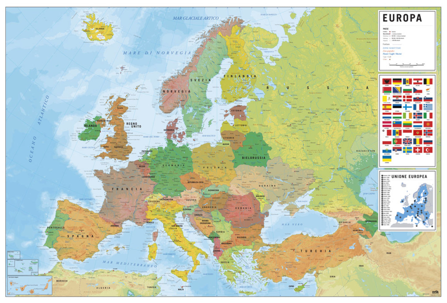 Poster Map of Europe - Physical Politic - Italienisch - 91,5x61cm