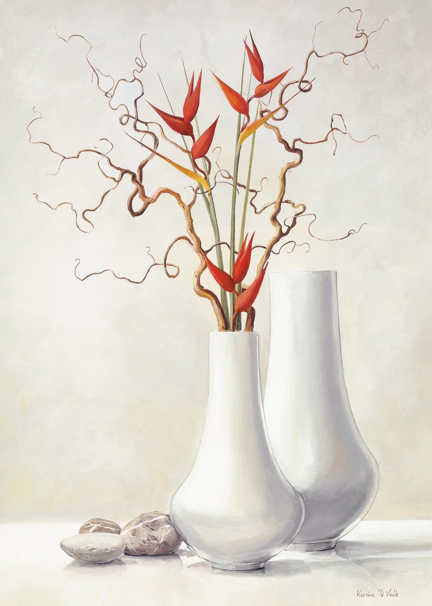 Kunstdruck Karin Van der Valk - Willow Twigs with Red Flowers 30x40cm