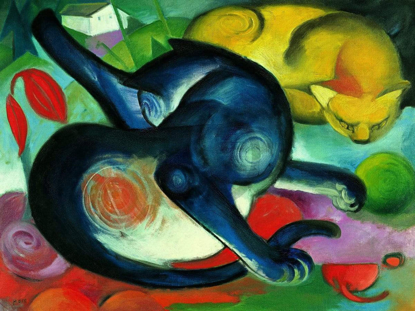 Kunstdruck Franz Marc - Zwei Katzen blau und gelb 80x60cm