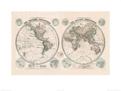 Kunstdruck Stanfords - Eastern and Western Hemispheres Map 1877 60x80cm